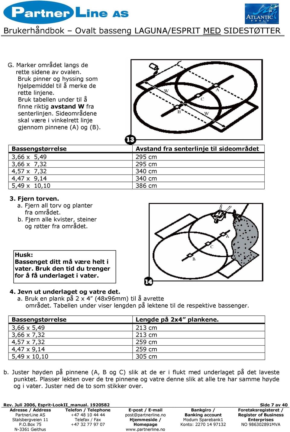 Bassengstørrelse Avstand fra senterlinje til sideområdet 3,66 x 5,49 295 cm 3,66 x 7,32 295 cm 4,57 x 7,32 340 cm 4,47 x 9,14 340 cm 5,49 x 10,10 386 cm 3. Fjern torven. a.