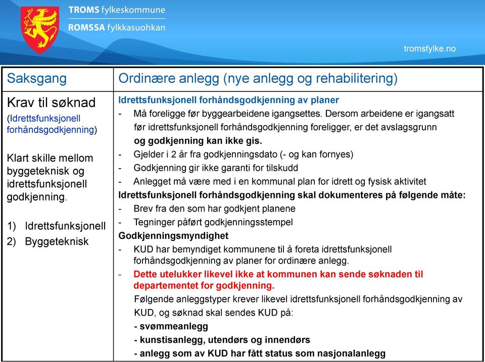 Dersom arbeidene er igangsatt før idrettsfunksjonell forhåndsgodkjenning foreligger, er det avslagsgrunn og godkjenning kan ikke gis.