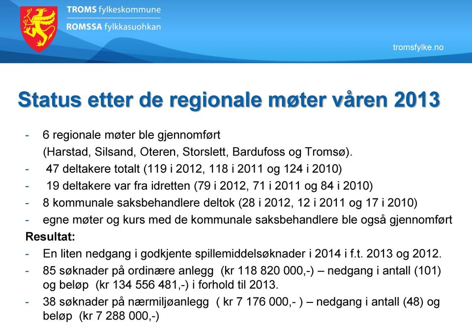 i 2011 og 17 i 2010) - egne møter og kurs med de kommunale saksbehandlere ble også gjennomført Resultat: - En liten nedgang i godkjente spillemiddelsøknader i 2014 i f.t. 2013 og 2012.