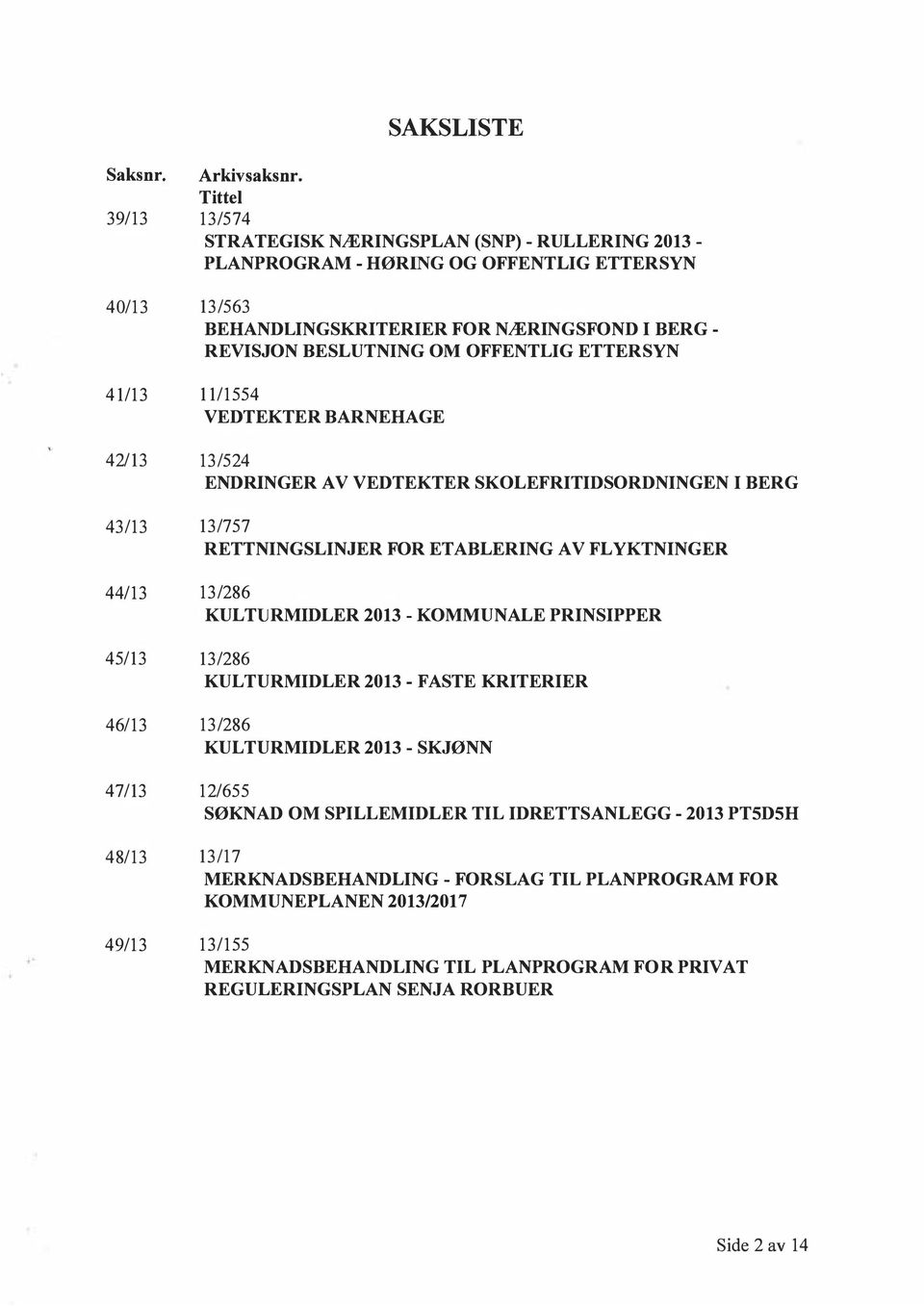 OFFENTLIG ETTERSYN 41/13 11/1554 VEDTEKTER BARNEHAGE 42/13 13/524 ENDRINGER A V VEDTEKTER SKOLEFRITIDSORDNINGEN I BERG 43/13 13/757 RETTNINGSLINJER FOR ETABLERING AV FLYKTNINGER 44/13 13/286