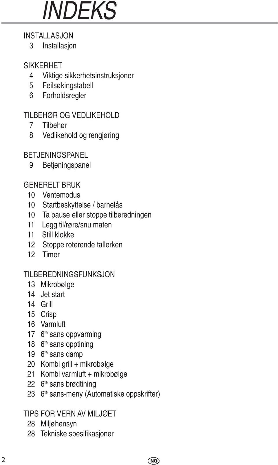 Stoppe roterende tallerken 12 Timer TILBEREDNINGSFUNKSJON 13 Mikrobølge 14 Jet start 14 Grill 15 Crisp 16 Varmluft 17 6 te sans oppvarming 18 6 te sans opptining 19 6 te sans damp 20