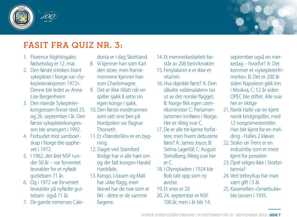 I 1962, det året NSF runder 50 år var forventet levealder for et nyfødt guttebarn 71 år. 6. Og i 1972 var forventet levealder på nyfødte guttebarn også 71 år. 7. De gamle romernes Caledonia er i dag Skottland.