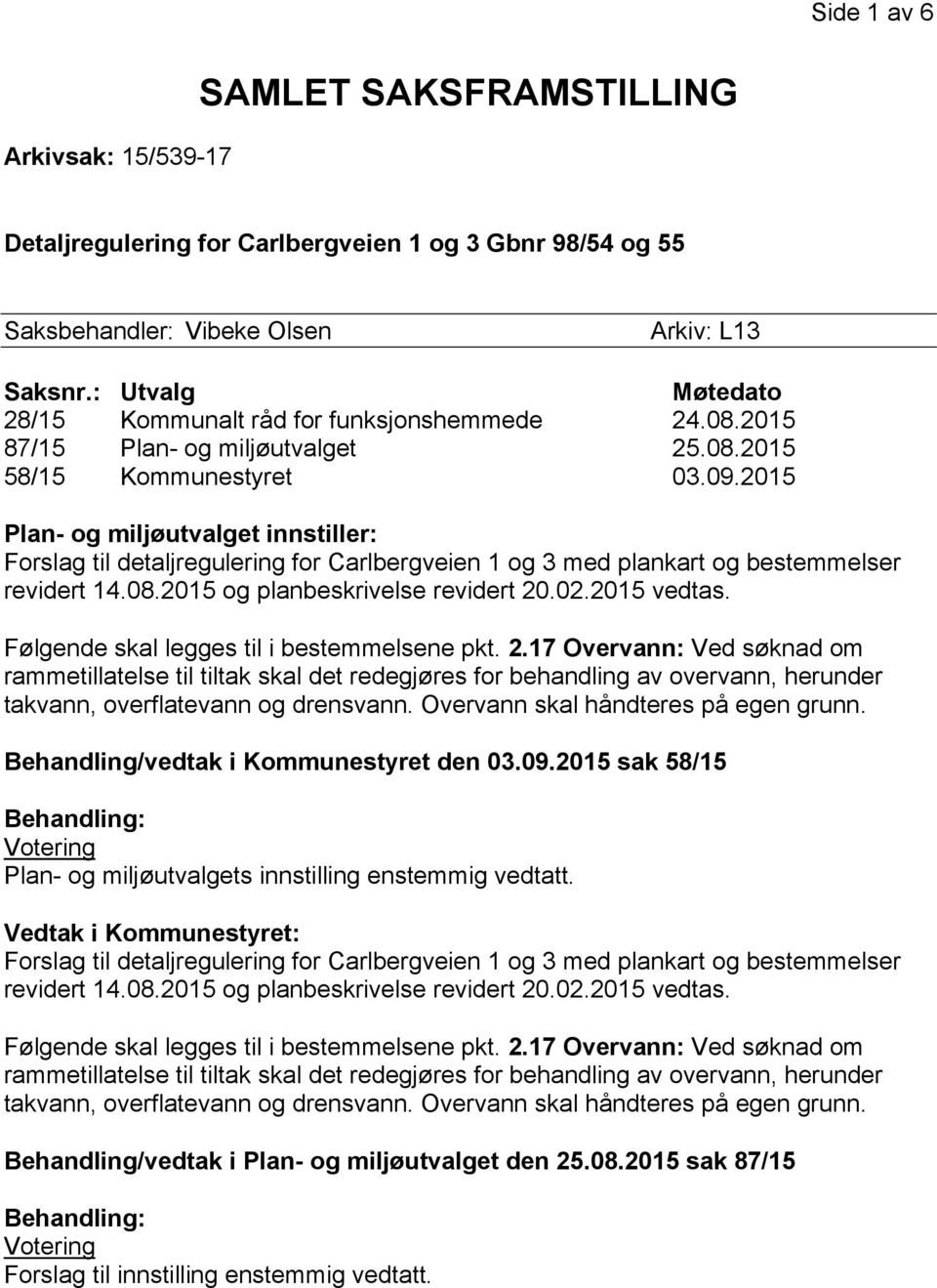 2015 Plan- og miljøutvalget innstiller: Behandling/vedtak i Kommunestyret den 03.09.