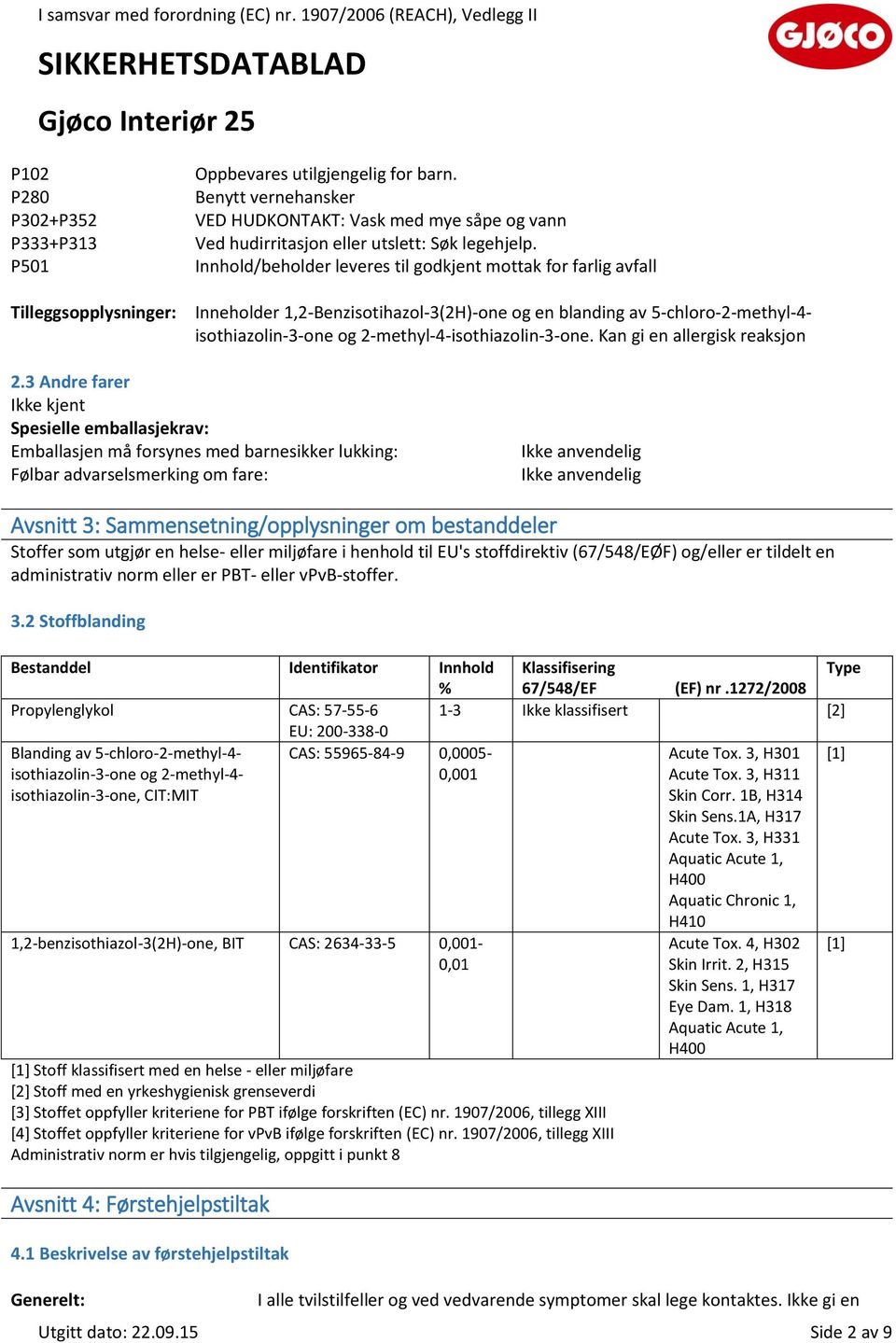 Innhold/beholder leveres til godkjent mottak for farlig avfall Inneholder 1,2-Benzisotihazol-3(2H)-one og en blanding av 5-chloro-2-methyl-4- isothiazolin-3-one og 2-methyl-4-isothiazolin-3-one.