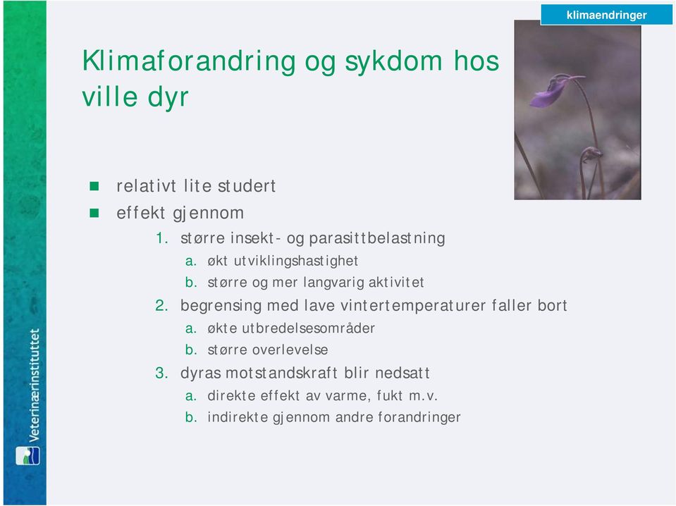 begrensing med lave vintertemperaturer faller bort a. økte utbredelsesområder b. større overlevelse 3.