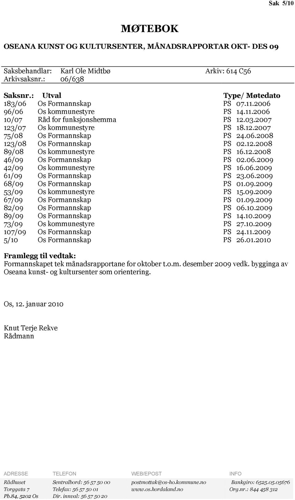 12.2008 46/09 Os Formannskap PS 02.06.2009 42/09 Os kommunestyre PS 16.06.2009 61/09 Os Formannskap PS 23.06.2009 68/09 Os Formannskap PS 01.09.2009 53/09 Os kommunestyre PS 15.09.2009 67/09 Os Formannskap PS 01.