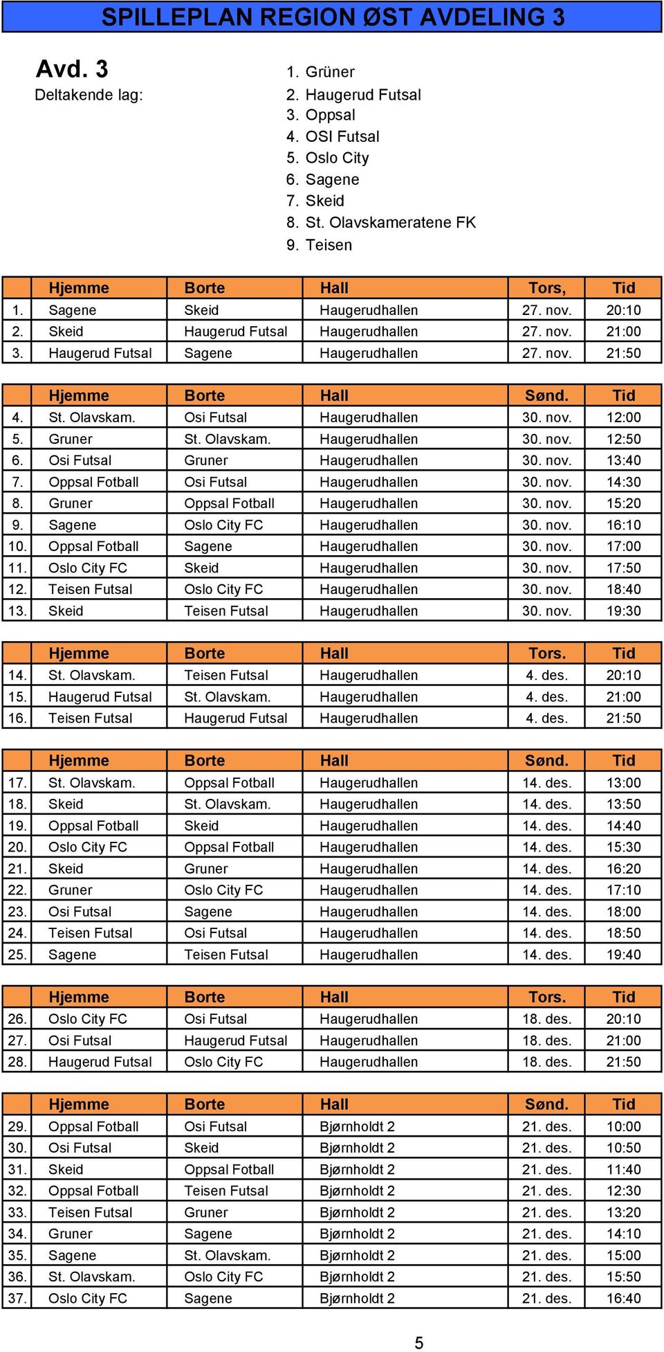 Olavskam. Osi Futsal Haugerudhallen 30. nov. 12:00 5. Gruner St. Olavskam. Haugerudhallen 30. nov. 12:50 6. Osi Futsal Gruner Haugerudhallen 30. nov. 13:40 7.