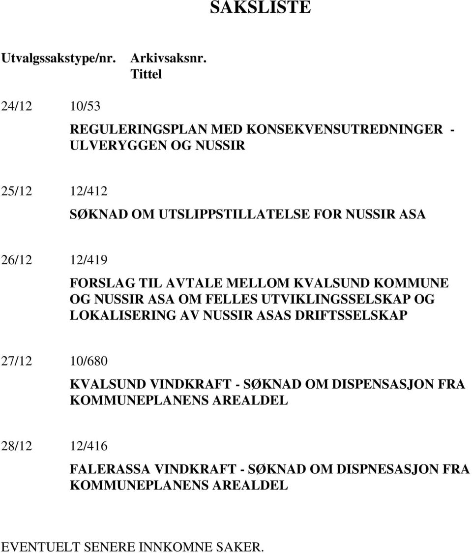 NUSSIR ASA 26/12 12/419 FORSLAG TIL AVTALE MELLOM KVALSUND KOMMUNE OG NUSSIR ASA OM FELLES UTVIKLINGSSELSKAP OG LOKALISERING AV