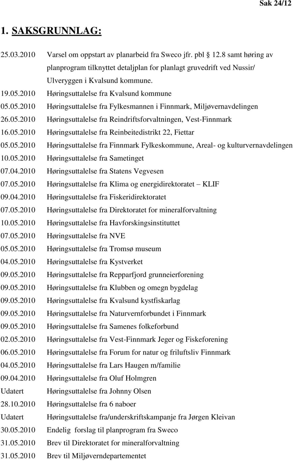 05.2010 Høringsuttalelse fra Reindriftsforvaltningen, Vest-Finnmark 16.05.2010 Høringsuttalelse fra Reinbeitedistrikt 22, Fiettar 05.05.2010 Høringsuttalelse fra Finnmark Fylkeskommune, Areal- og kulturvernavdelingen 10.