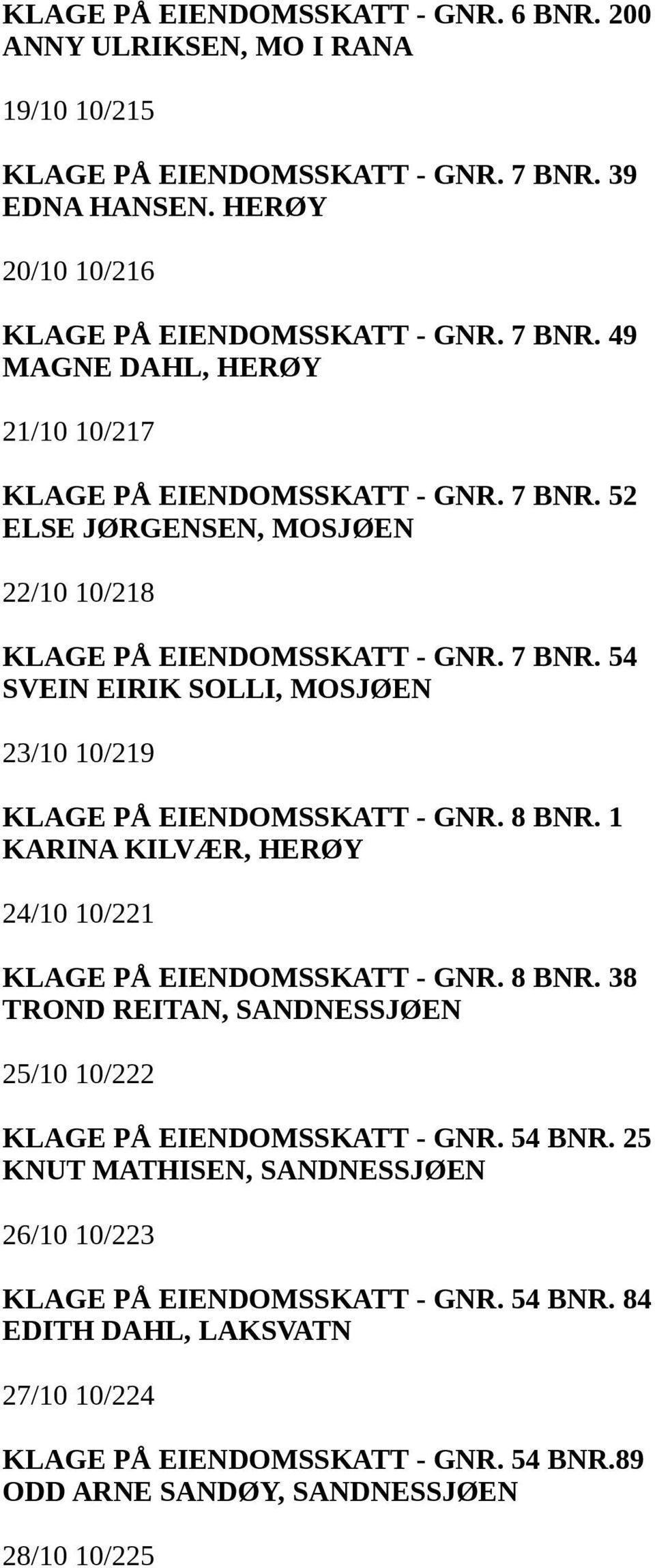 1 KARINA KILVÆR, HERØY 24/10 10/221 KLAGE PÅ EIENDOMSSKATT - GNR. 8 BNR. 38 TROND REITAN, SANDNESSJØEN 25/10 10/222 KLAGE PÅ EIENDOMSSKATT - GNR. 54 BNR.