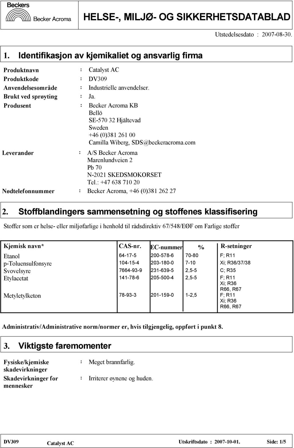 com Leverandør A/S Becker Acroma Marenlundveien 2 Pb 70 N-2021 SKEDSMOKORSET Tel. +47 68 710 20 Nødtelefonnummer Becker Acroma, +46 (0)81 262 27 2.