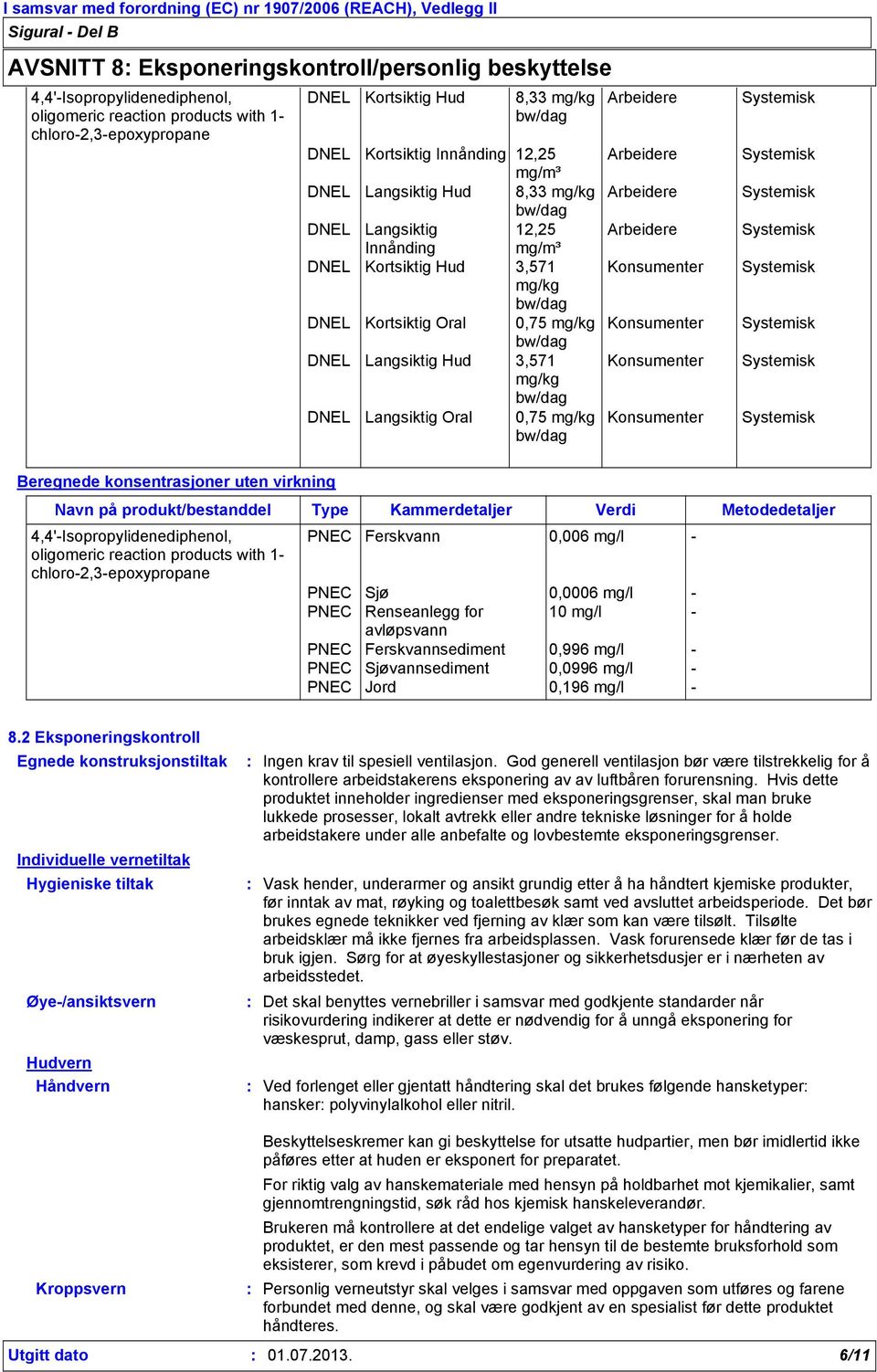 3,571 mg/kg bw/dag DNEL Langsiktig Oral 0,75 mg/kg bw/dag Arbeidere Arbeidere Arbeidere Arbeidere Konsumenter Konsumenter Konsumenter Konsumenter Systemisk Systemisk Systemisk Systemisk Systemisk