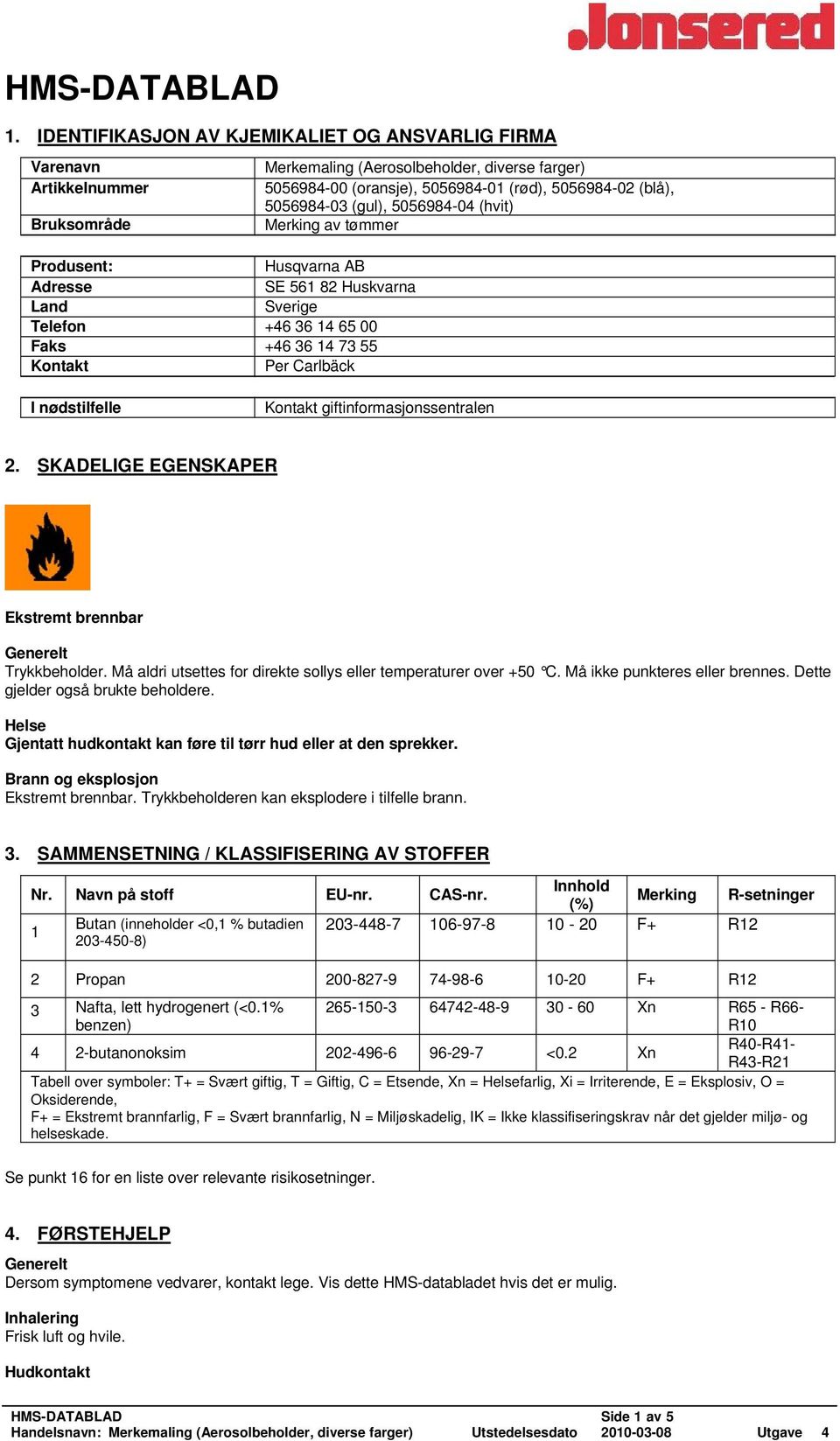 (gul), 5056984-04 (hvit) Merking av tømmer Produsent: Husqvarna AB Adresse SE 561 82 Huskvarna Land Sverige Telefon +46 36 14 65 00 Faks +46 36 14 73 55 Kontakt Per Carlbäck I nødstilfelle Kontakt