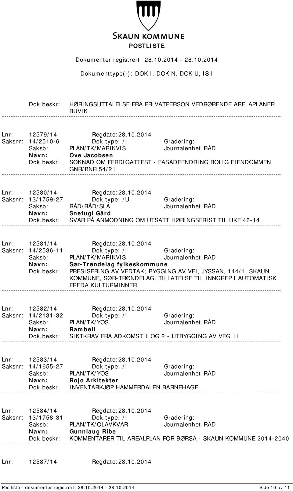 type: /U Gradering: Saksb: RÅD/RÅD/SLA Journalenhet:RÅD Snefugl Gård SVAR PÅ ANMODNING OM UTSATT HØRINGSFRIST TIL UKE 46-14 Lnr: 12581/14 Regdato:28.10.2014 Saksnr: 14/2536-11 Dok.