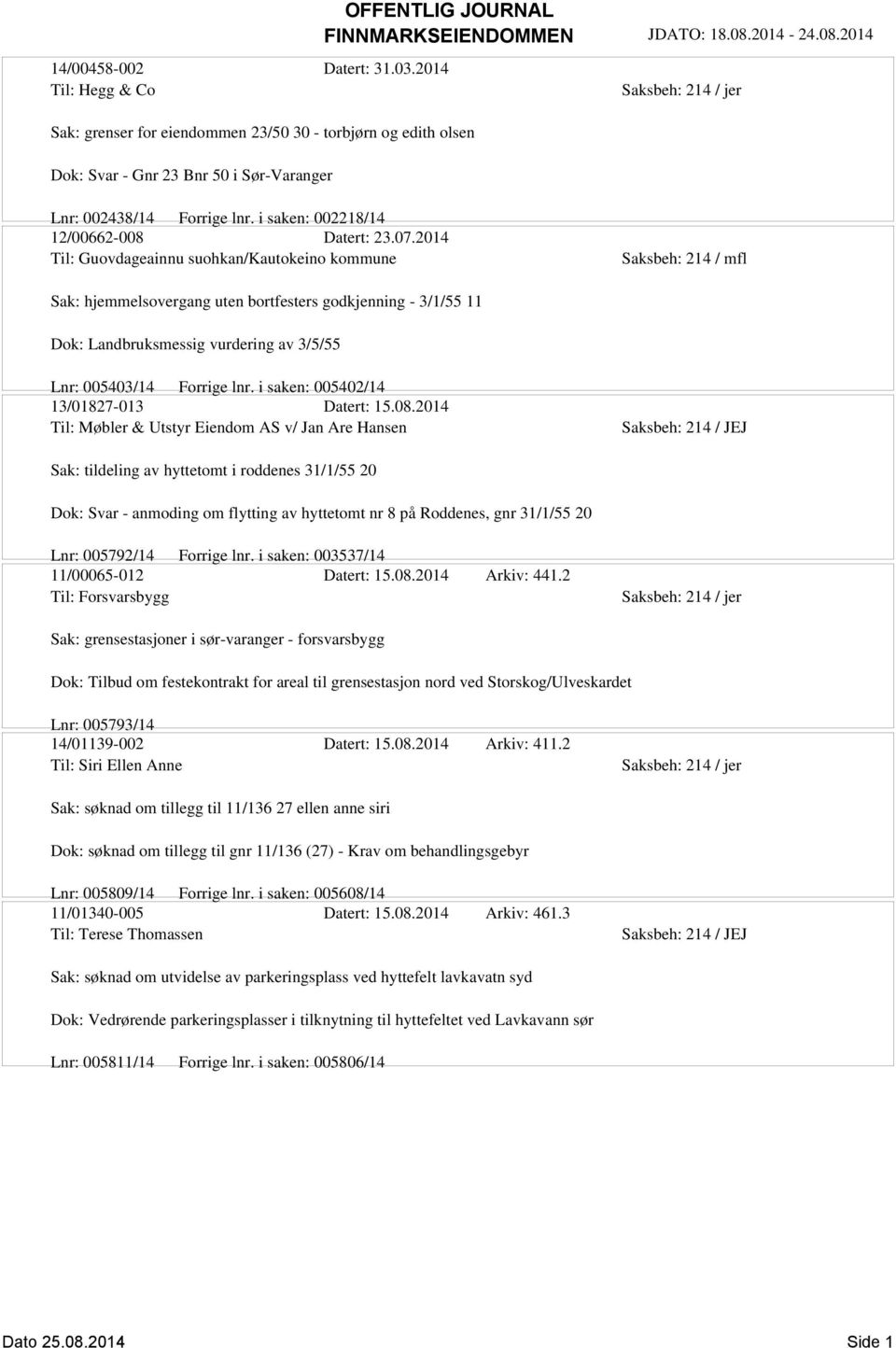 2014 Til: Guovdageainnu suohkan/kautokeino kommune Sak: hjemmelsovergang uten bortfesters godkjenning - 3/1/55 11 Dok: Landbruksmessig vurdering av 3/5/55 Lnr: 005403/14 Forrige lnr.