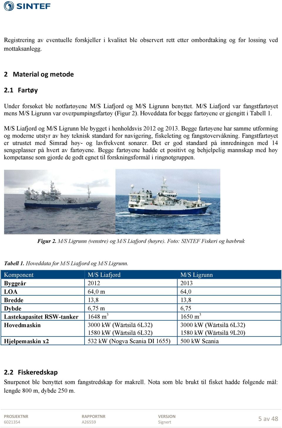 Hoveddata for begge fartøyene er gjengitt i Tabell 1. M/S Liafjord og M/S Ligrunn ble bygget i henholdsvis 2012 og 2013.