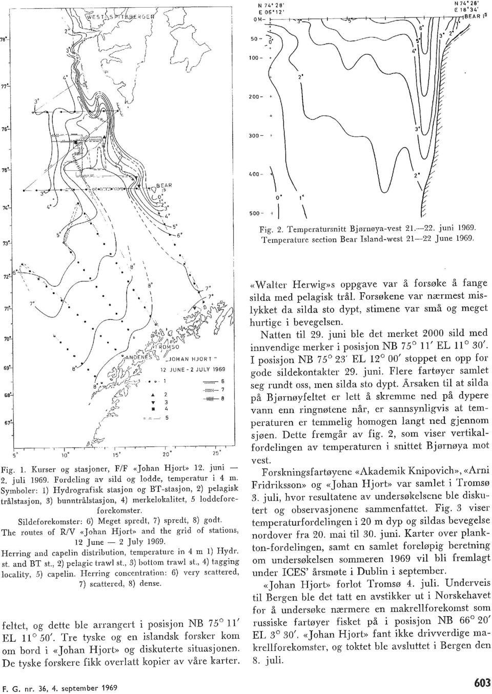 Fordeing av sid og odde, temperatur i 4 m. Symboer: ) Hydrografisk stasjon og ETstasjon, 2) peagisk tråstasjon, 3) bunntråstasjon, 4) merkeokaitet, 5 oddeforef orekomster.