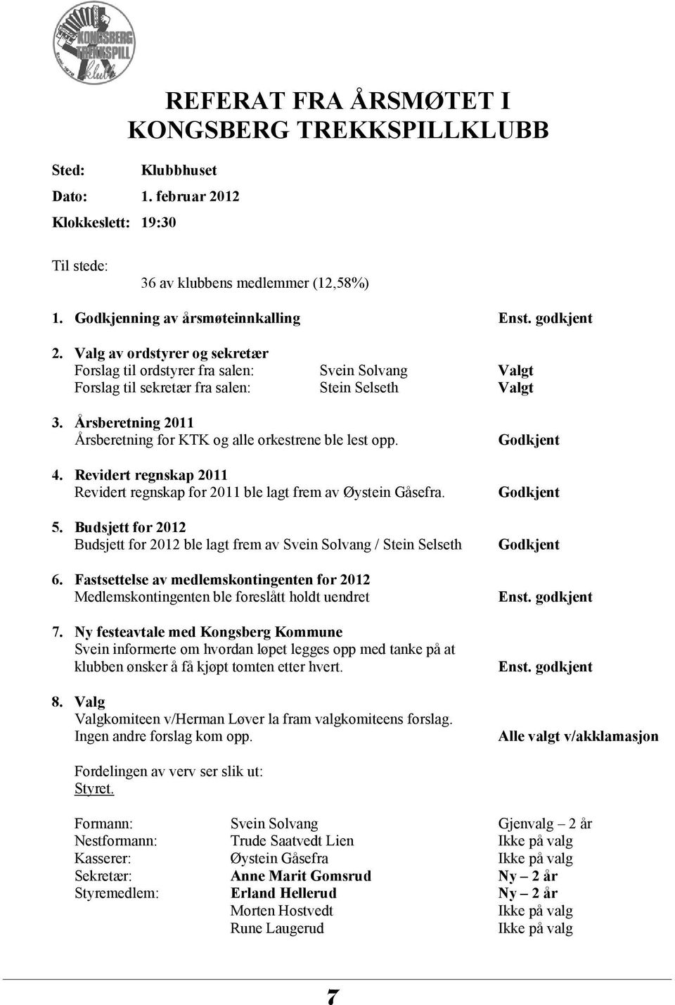 Årsberetning 2011 Årsberetning for KTK og alle orkestrene ble lest opp. 4. Revidert regnskap 2011 Revidert regnskap for 2011 ble lagt frem av Øystein Gåsefra. 5.