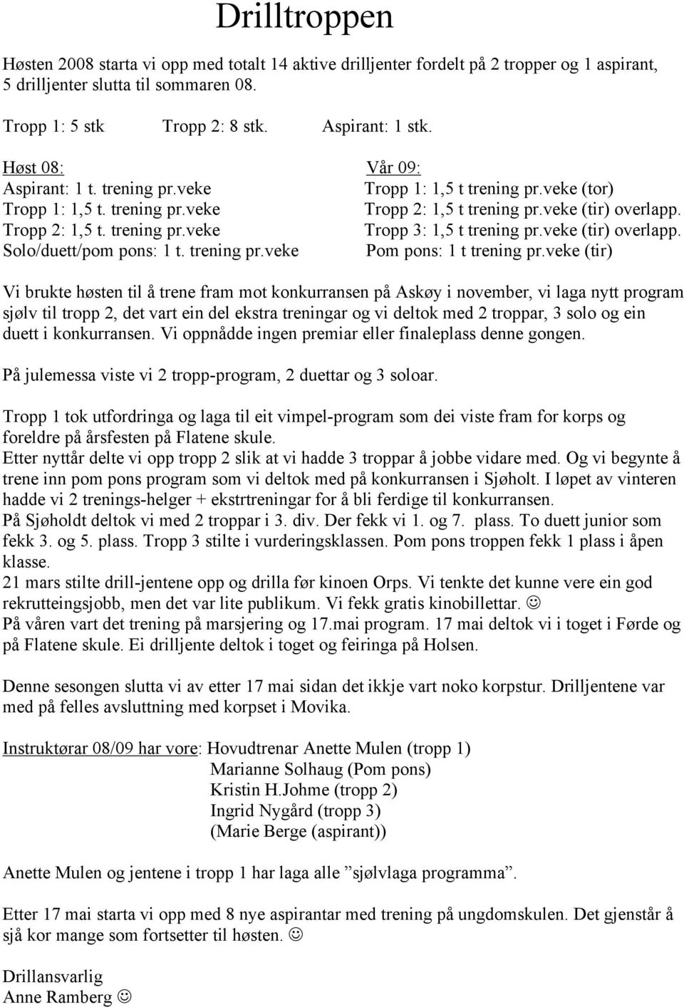 veke (tir) overlapp. Solo/duett/pom pons: 1 t. trening pr.veke Pom pons: 1 t trening pr.