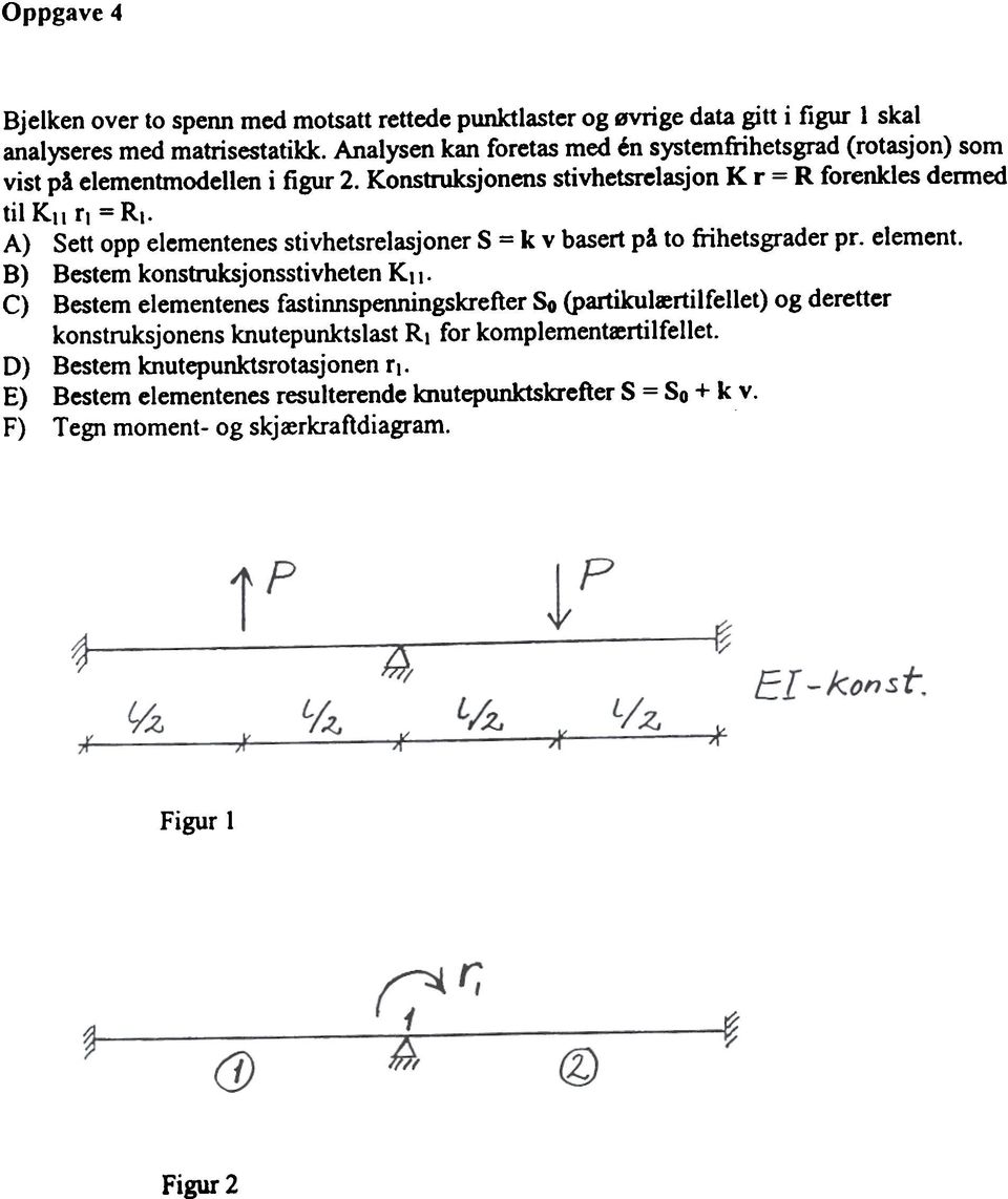 A) Sett opp elementenestivhetsrelasjoner S = k v basert på to frihets grader pr. element. B) Bestem konstroksjonsstivheten Kli.