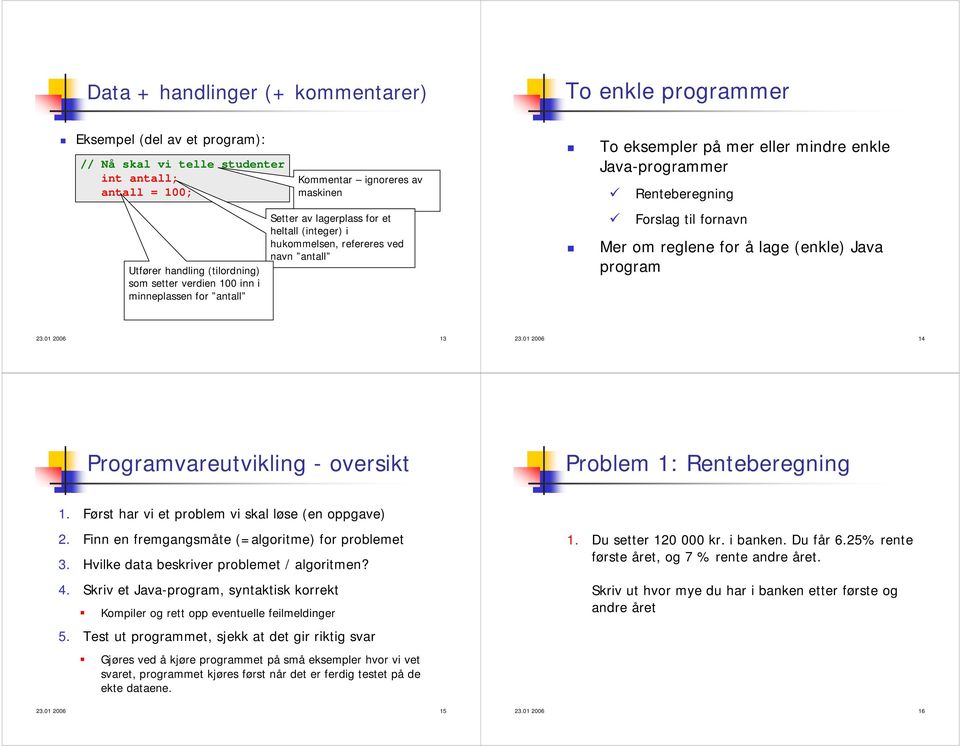 Renteberegning Forslag til fornavn Mer om reglene for å lage (enkle) Java program 23.01 2006 13 23.01 2006 14 Programvareutvikling - oversikt Problem 1: Renteberegning 1.
