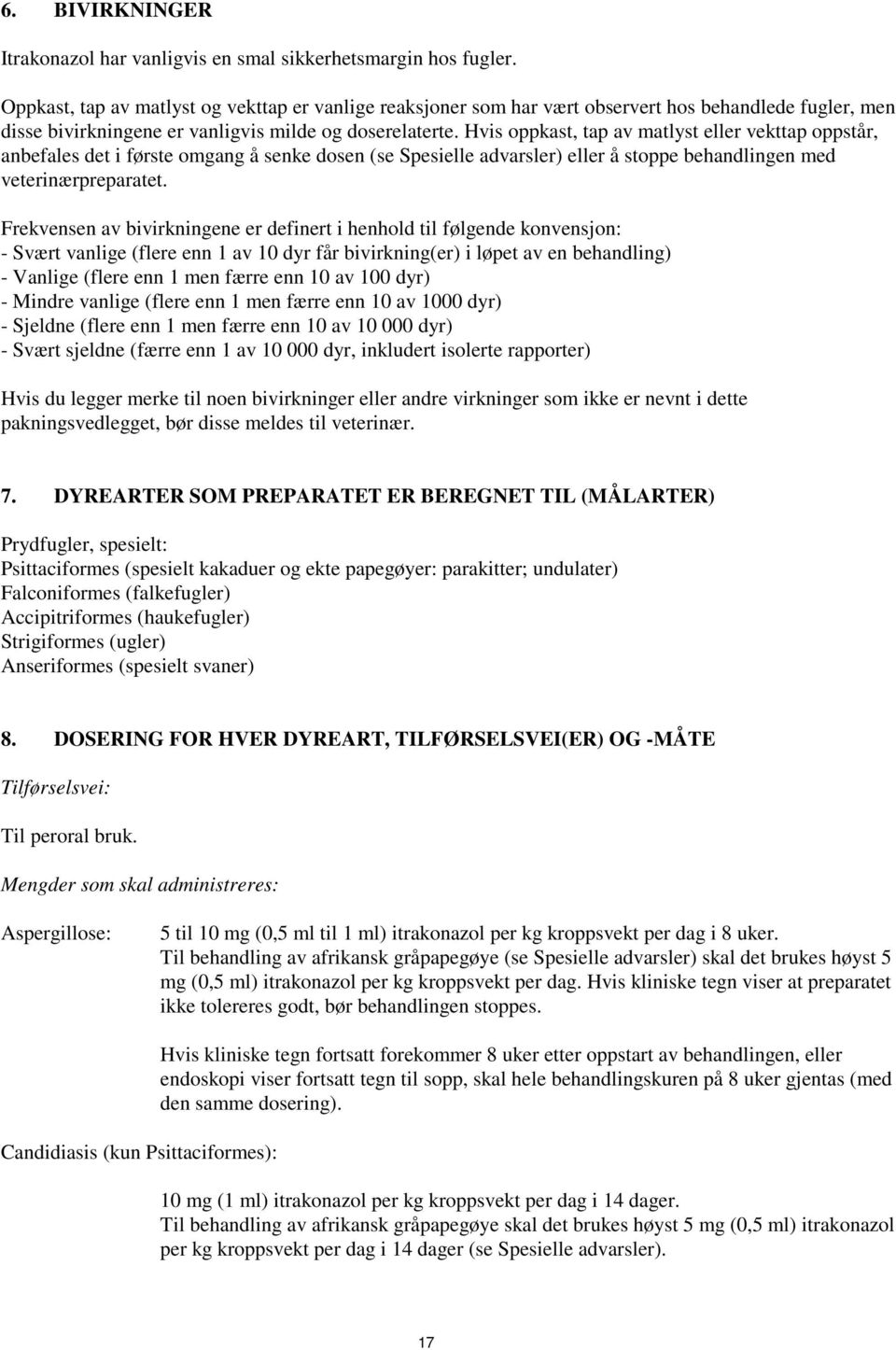 Hvis oppkast, tap av matlyst eller vekttap oppstår, anbefales det i første omgang å senke dosen (se Spesielle advarsler) eller å stoppe behandlingen med veterinærpreparatet.