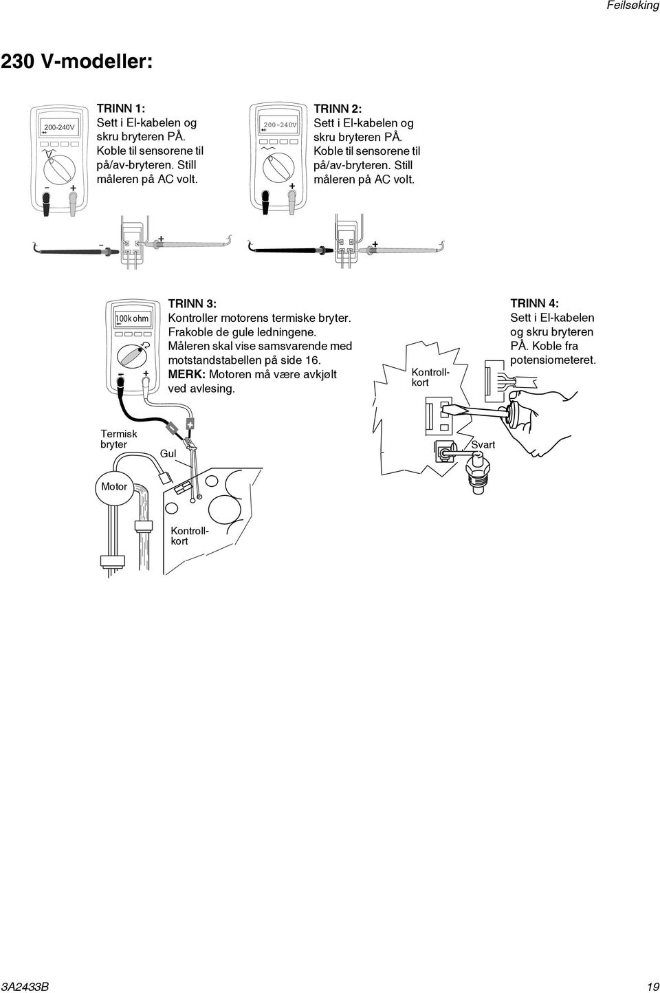 - 100k ohm - TRINN 3: Kontroller motorens termiske bryter. Frakoble de gule ledningene. Måleren skal vise samsvarende med motstandstabellen på side 16.