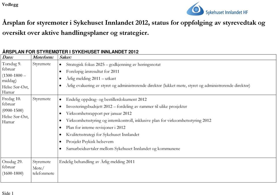 Styremøte Strategisk fokus 2025 godkjenning av høringsnotat februar Foreløpig årsresultat for 2011 (1300-1800 middag) Årlig melding 2011 utkast Helse Sør-Øst, Årlig evaluering av styret og