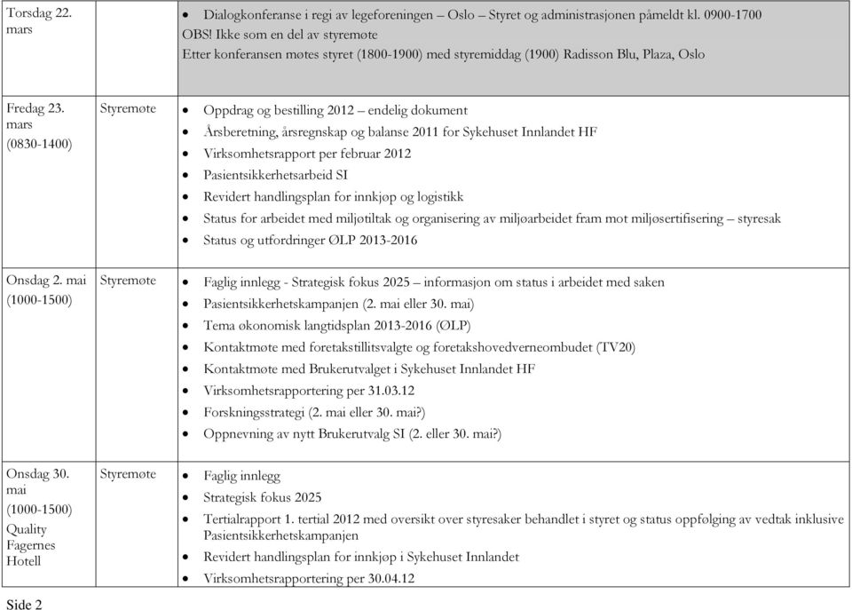 mars (0830-1400) Styremøte Oppdrag og bestilling 2012 endelig dokument Årsberetning, årsregnskap og balanse 2011 for Sykehuset Innlandet HF Virksomhetsrapport per februar 2012 Pasientsikkerhetsarbeid