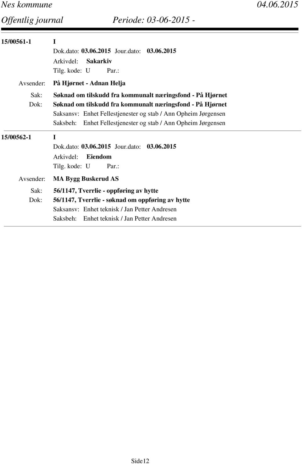 Fellestjenester og stab / Ann Opheim Jørgensen 15/00562-1 I MA Bygg Buskerud AS 56/1147, Tverrlie - oppføring av hytte