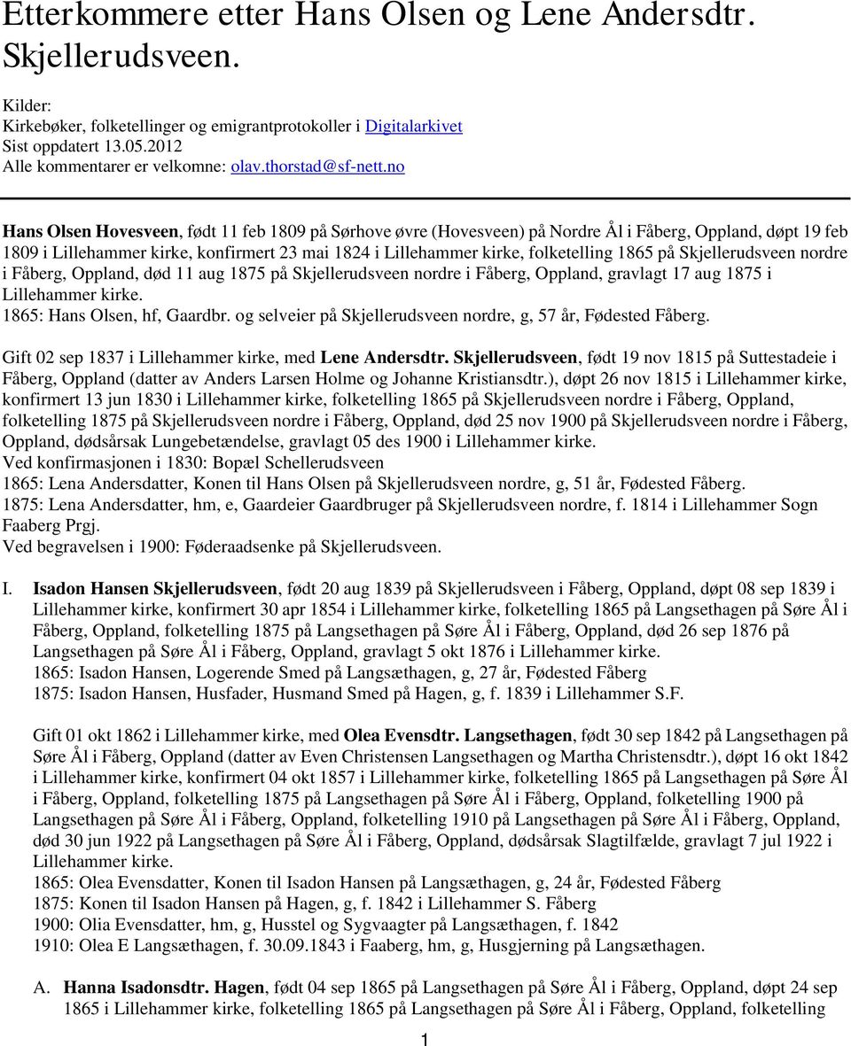 no Hans Olsen Hovesveen, født 11 feb 1809 på Sørhove øvre (Hovesveen) på Nordre Ål i Fåberg, Oppland, døpt 19 feb 1809 i Lillehammer kirke, konfirmert 23 mai 1824 i Lillehammer kirke, folketelling