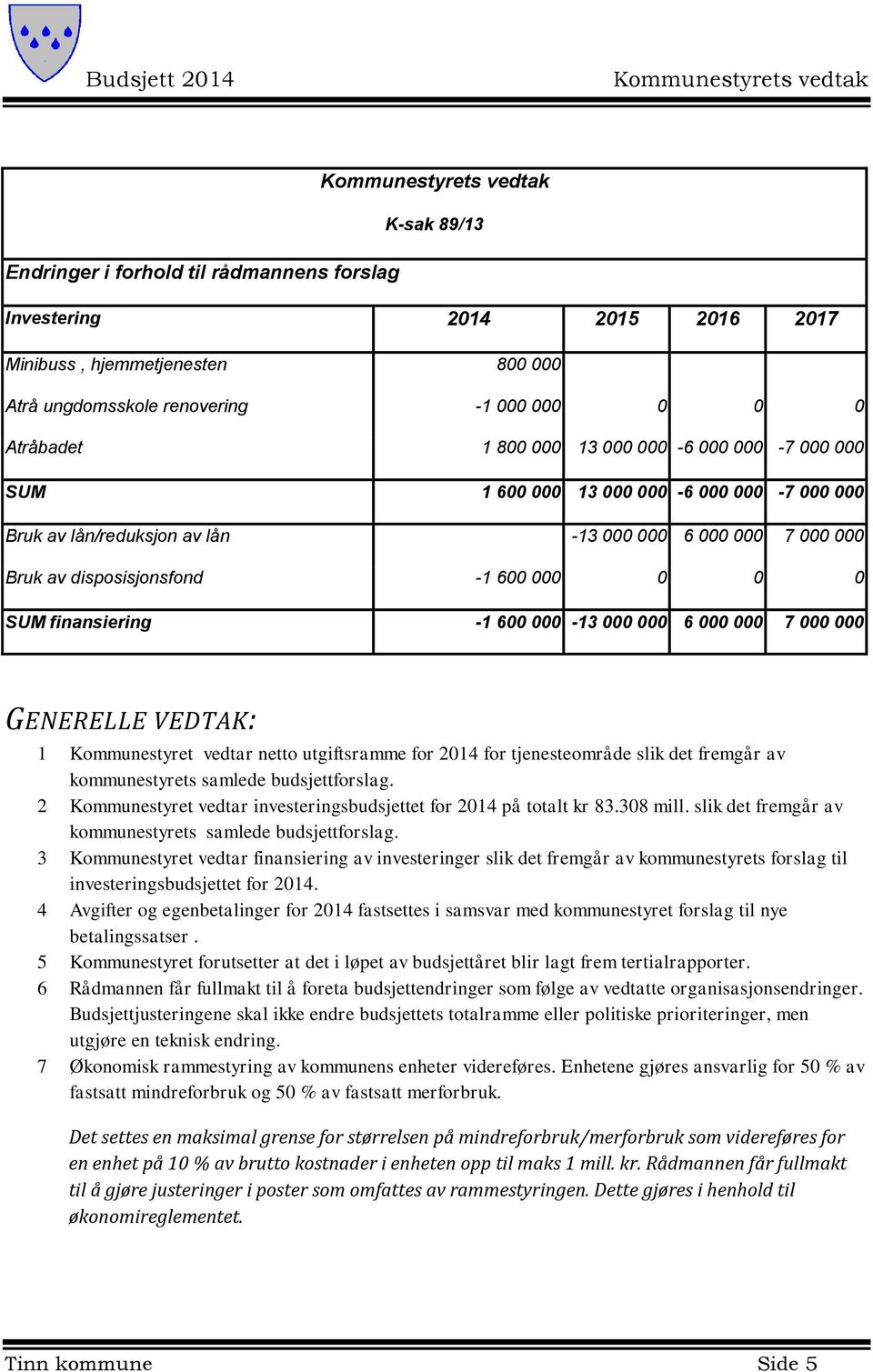 000 000 6 000 000 7 000 000 GENERELLE VEDTAK: 1 Kommunestyret vedtar netto utgiftsramme for 2014 for tjenesteområde slik det fremgår av kommunestyrets samlede budsjettforslag.