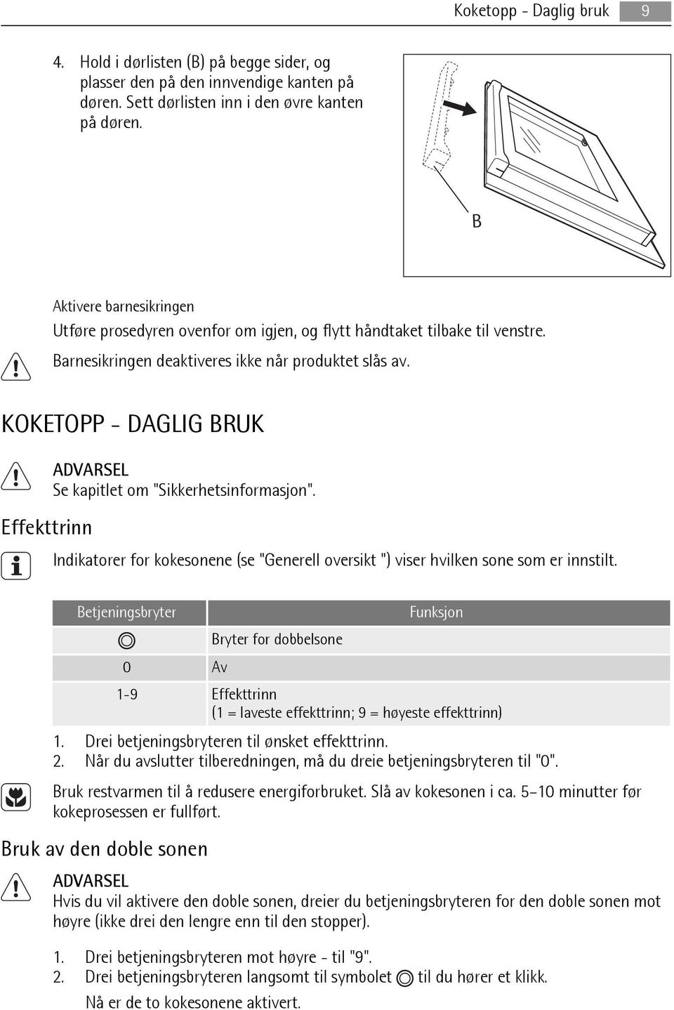 KOKETOPP - DAGLIG BRUK Effekttrinn ADVARSEL Se kapitlet om "Sikkerhetsinformasjon". Indikatorer for kokesonene (se "Generell oversikt ") viser hvilken sone som er innstilt.