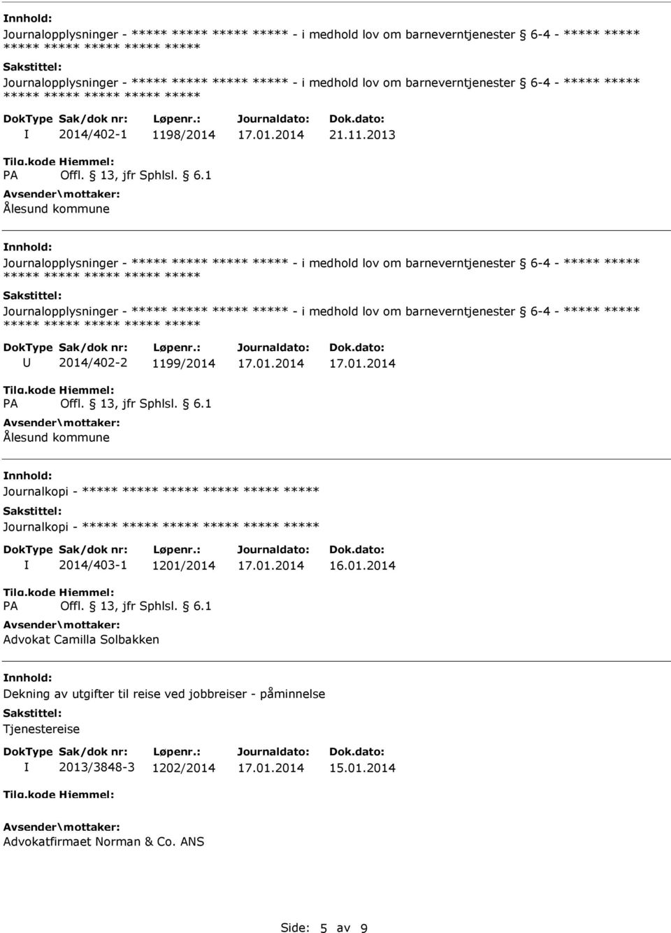 01.2014 Dekning av utgifter til reise ved jobbreiser - påminnelse Tjenestereise 2013/3848-3 1202/2014 Advokatfirmaet Norman & Co.