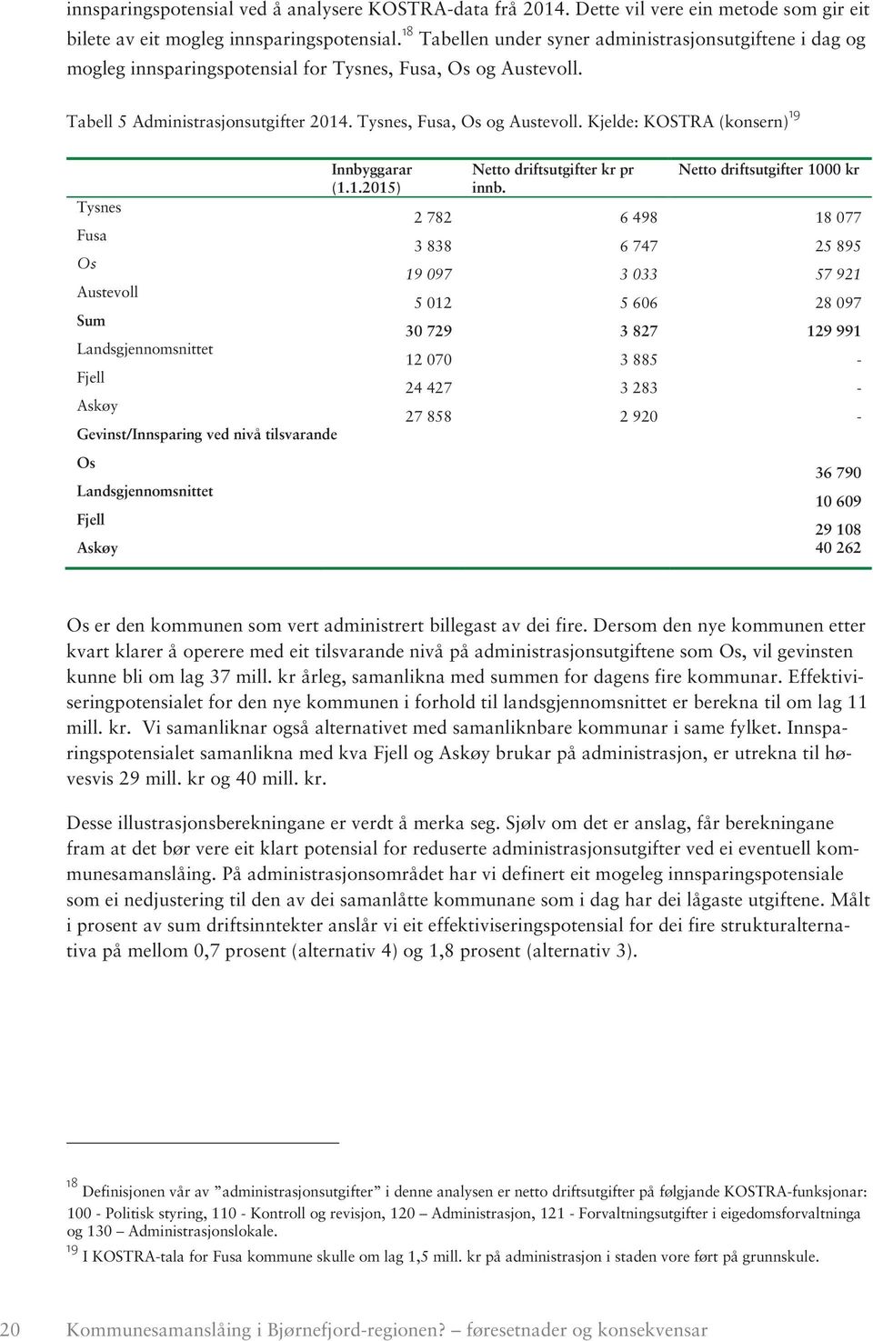 Tabell 5 Administrasjonsutgifter 2014. Tysnes, Fusa, Os og Austevoll.