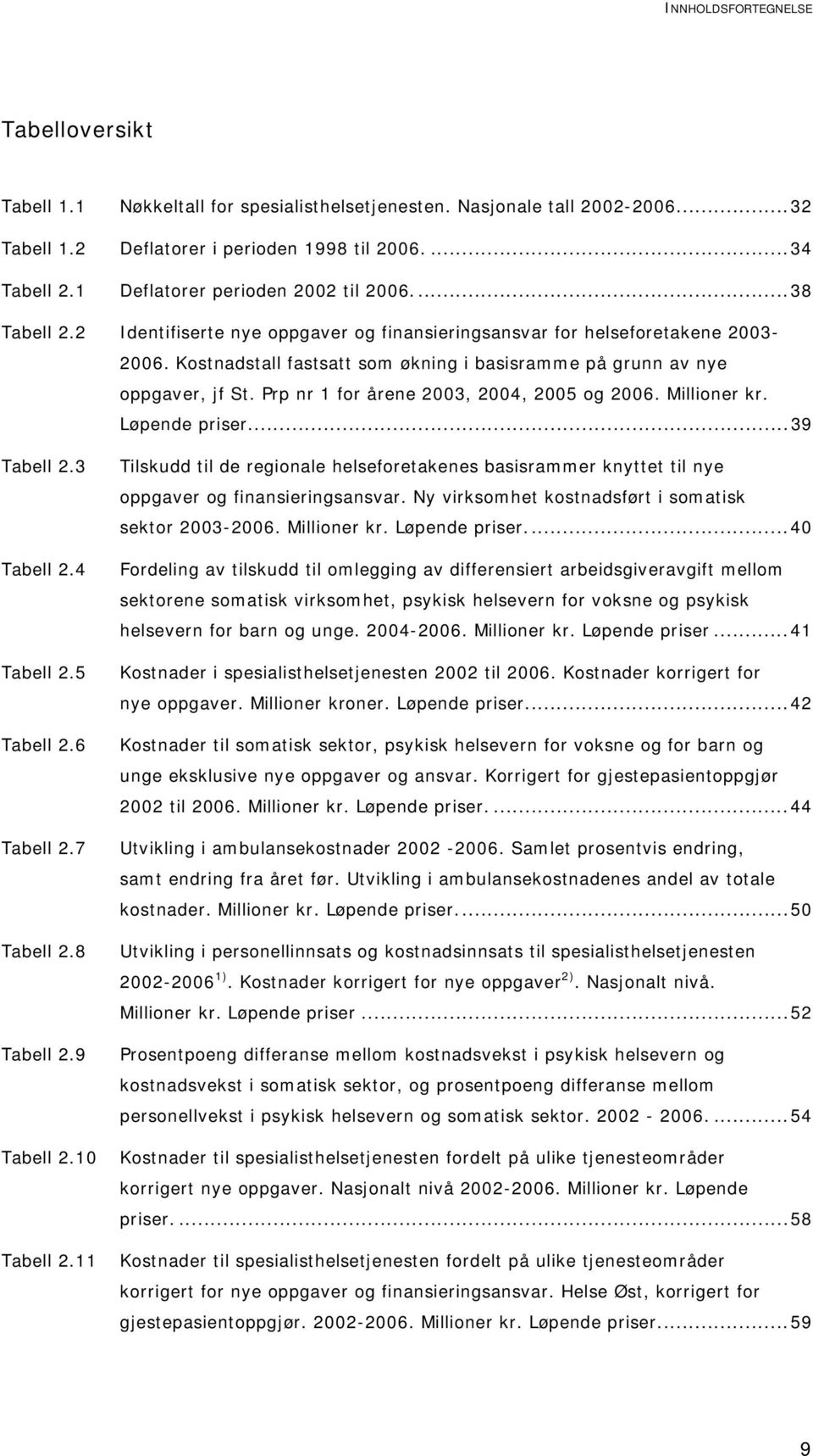 Kostnadstall fastsatt som økning i basisramme på grunn av nye oppgaver, jf St. Prp nr 1 for årene 2003, 2004, 2005 og 2006. Millioner kr. Løpende priser...39 Tabell 2.3 Tabell 2.4 Tabell 2.5 Tabell 2.