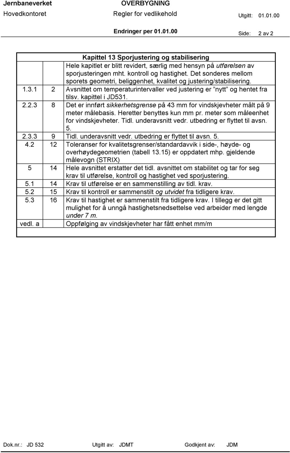 Det sonderes mellom sporets geometri, beliggenhet, kvalitet og justering/stabilisering. 1.3.1 2 Avsnittet om temperaturintervaller ved justering er nytt og hentet fra tilsv. kapittel i JD531. 2.2.3 8 Det er innført sikkerhetsgrense på 43 mm for vindskjevheter målt på 9 meter målebasis.