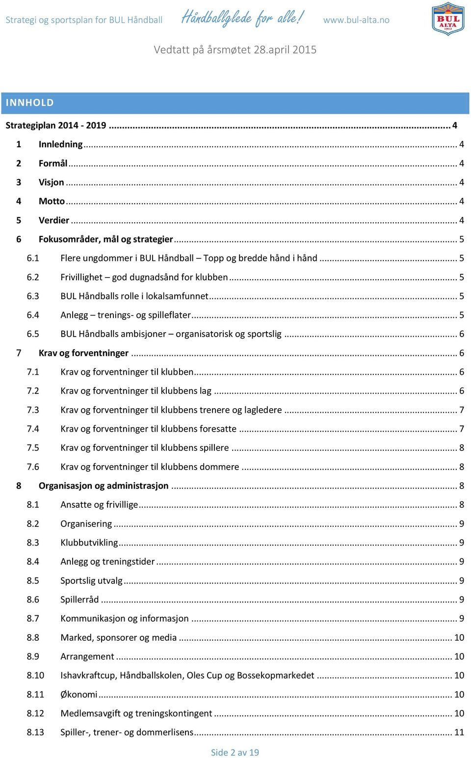 .. 5 6.5 BUL Håndballs ambisjoner organisatorisk og sportslig... 6 7 Krav og forventninger... 6 7.1 Krav og forventninger til klubben... 6 7.2 Krav og forventninger til klubbens lag... 6 7.3 Krav og forventninger til klubbens trenere og lagledere.