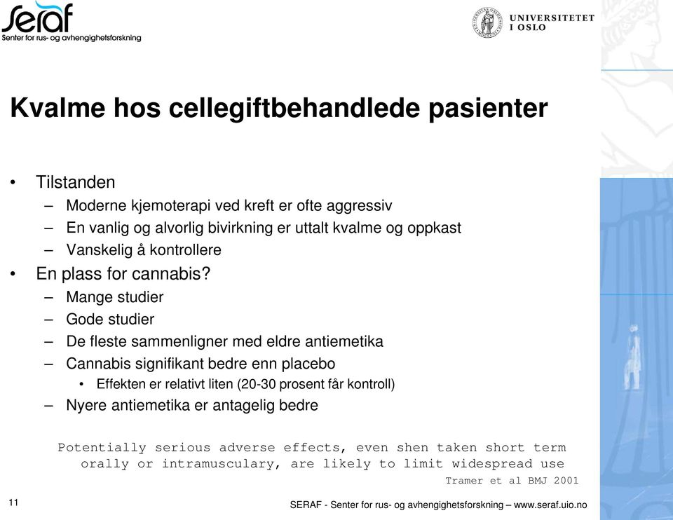 Mange studier Gode studier De fleste sammenligner med eldre antiemetika Cannabis signifikant bedre enn placebo Effekten er relativt liten (20-30 prosent får