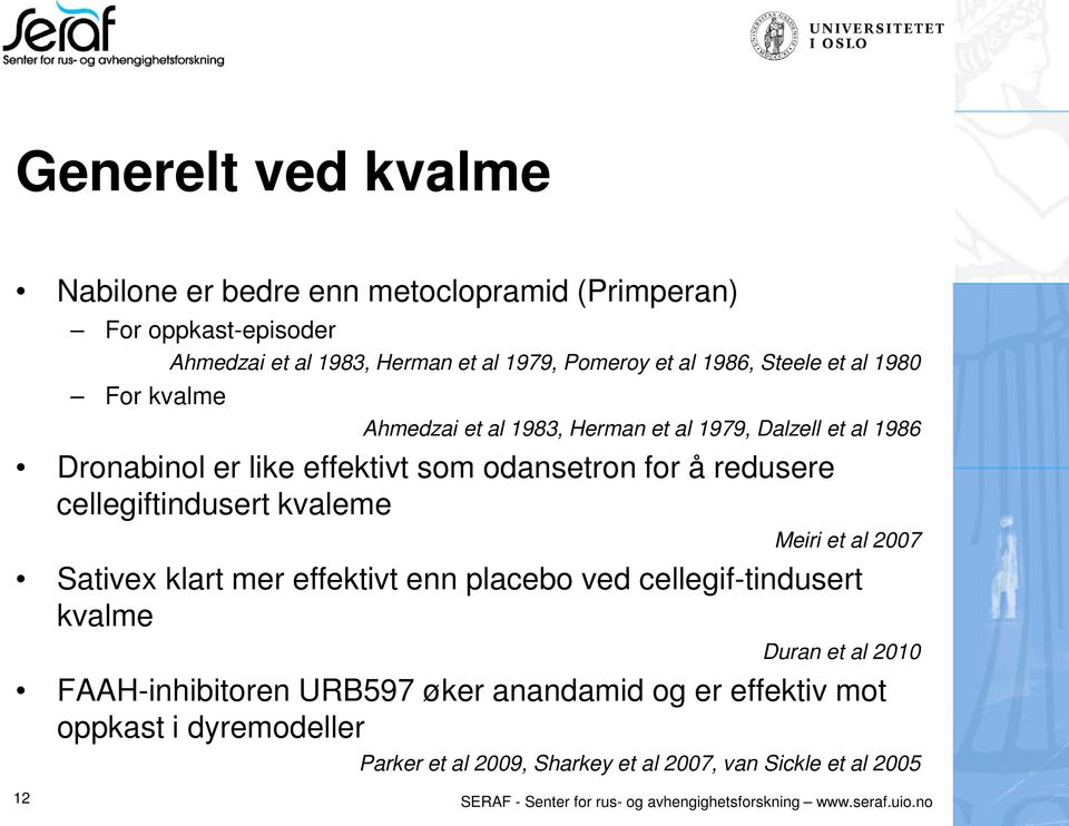 kvaleme Meiri et al 2007 Sativex klart mer effektivt enn placebo ved cellegif-tindusert kvalme Duran et al 2010 FAAH-inhibitoren URB597 øker anandamid og er