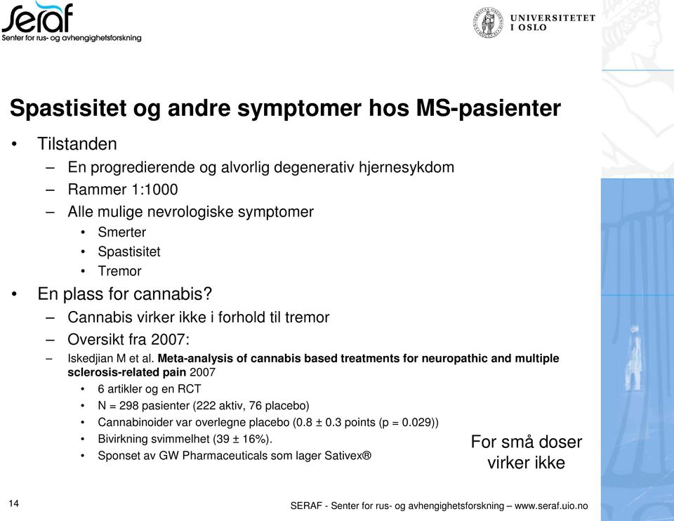 Meta-analysis of cannabis based treatments for neuropathic and multiple sclerosis-related pain 2007 6 artikler og en RCT N = 298 pasienter (222 aktiv, 76 placebo)