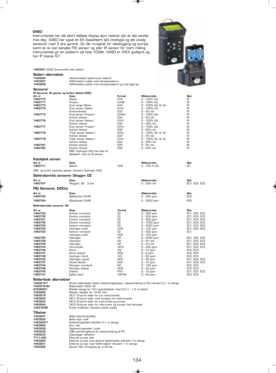 1460001 G460 Grunnenhet uten batteri Batteri alternativer 1450200 Alkaline-batteri pakke (uten batteri) 1450207 NiMH-batteri pakke med vibrasjonsalarm 1450209 NiMH-batteri pakke med vibrasjonsalarm