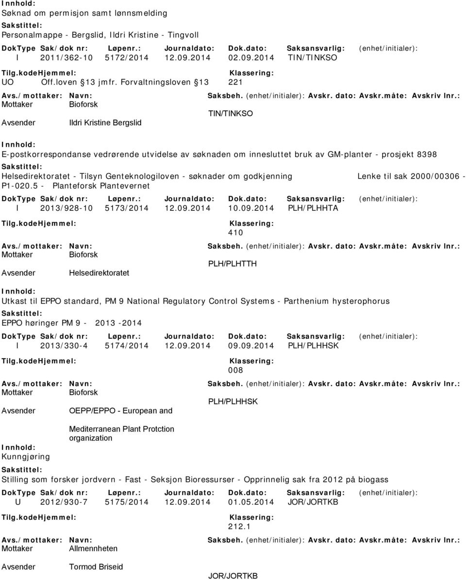 Genteknologiloven - søknader om godkjenning Lenke til sak 2000/00306 - P1-020.5 - Planteforsk Plantevernet I 2013/928-10 5173/2014 12.09.