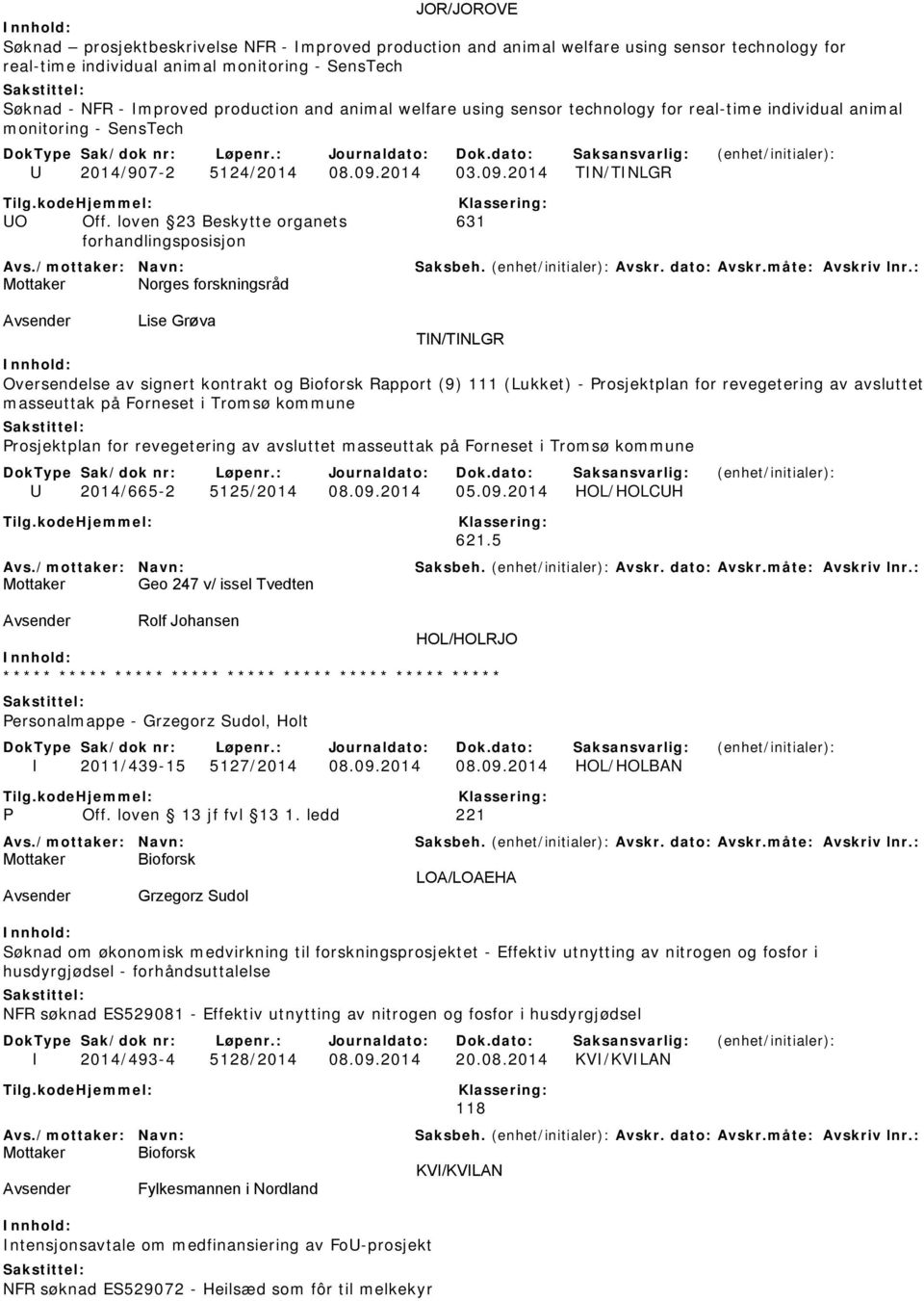 loven 23 Beskytte organets 631 forhandlingsposisjon Mottaker Norges forskningsråd Lise Grøva TIN/TINLGR Oversendelse av signert kontrakt og Bioforsk Rapport (9) 111 (Lukket) - Prosjektplan for