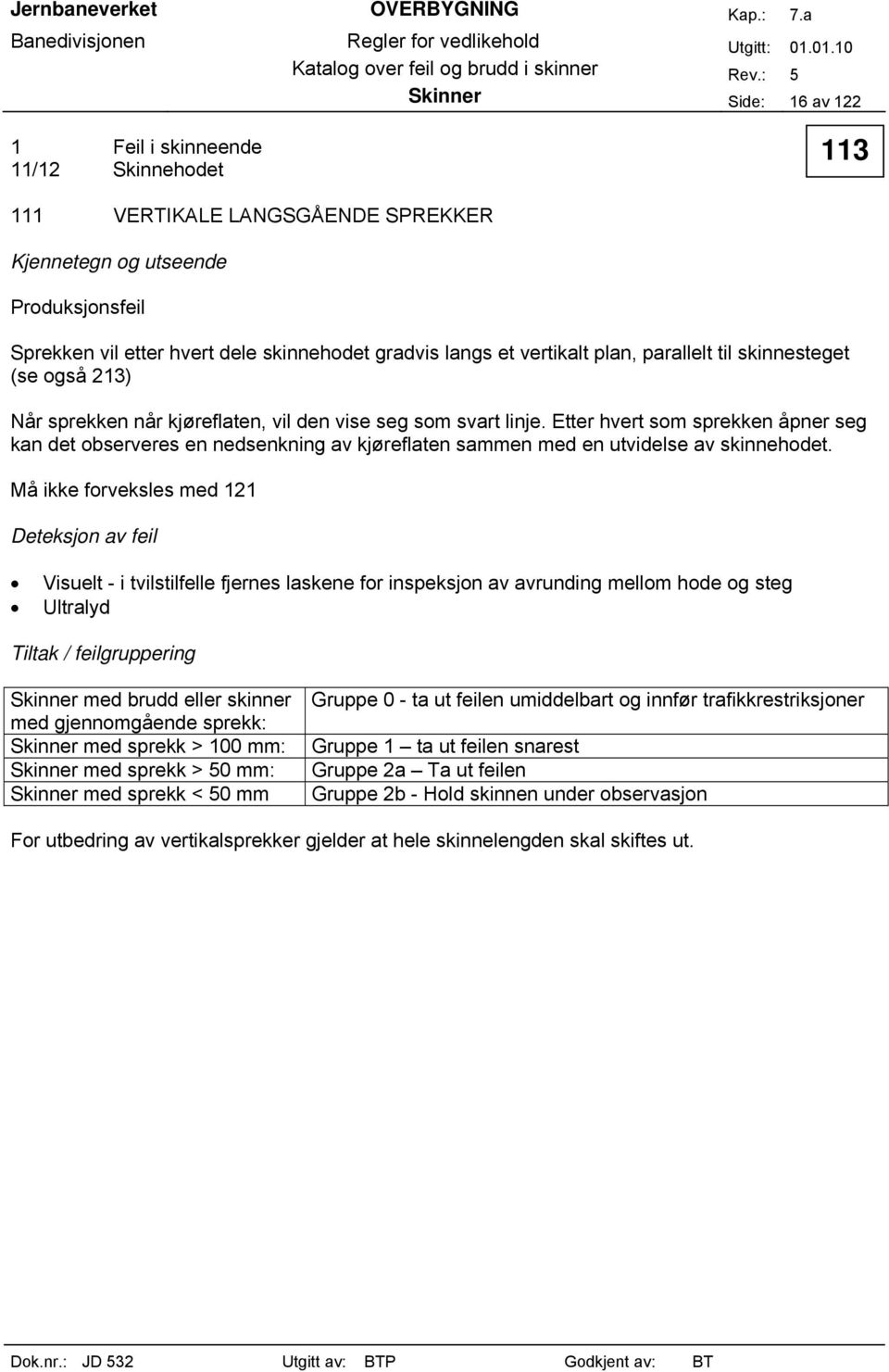 Etter hvert som sprekken åpner seg kan det observeres en nedsenkning av kjøreflaten sammen med en utvidelse av skinnehodet.