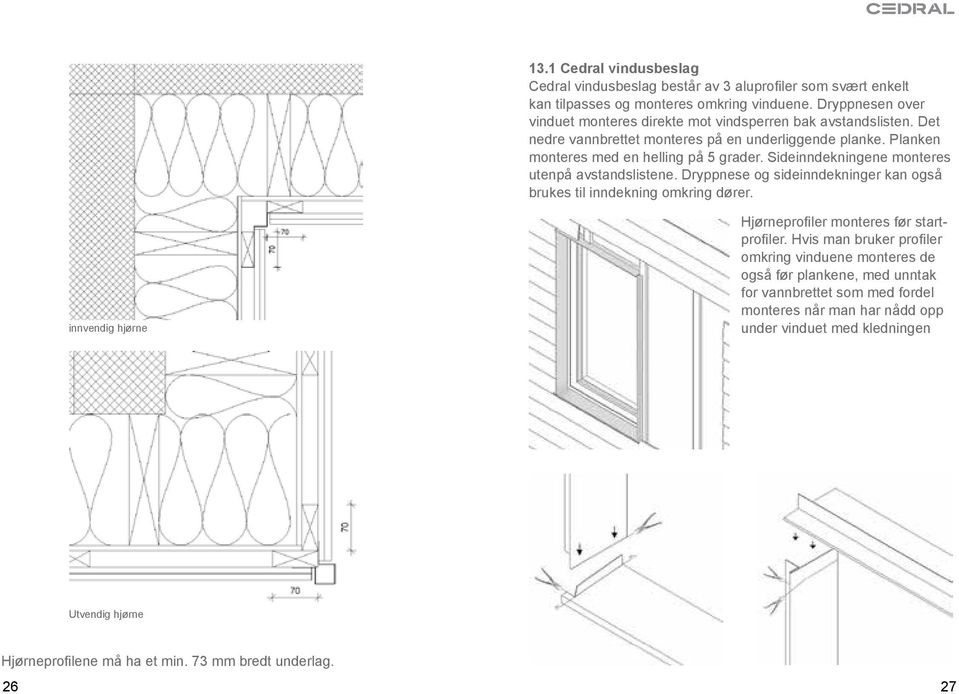 Sideinndekningene monteres utenpå avstandslistene. Dryppnese og sideinndekninger kan også brukes til inndekning omkring dører. innvendig hjørne Hjørneprofiler monteres før startprofiler.