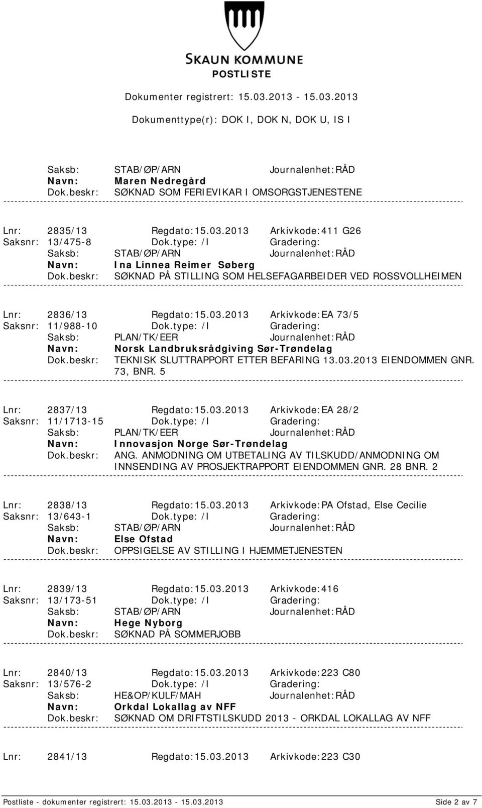 type: /I Gradering: Saksb: PLAN/TK/EER Journalenhet:RÅD Norsk Landbruksrådgiving Sør-Trøndelag TEKNISK SLUTTRAPPORT ETTER BEFARING 13.03.2013 EIENDOMMEN GNR. 73, BNR. 5 Lnr: 2837/13 Regdato:15.03.2013 Arkivkode:EA 28/2 Saksnr: 11/1713-15 Dok.