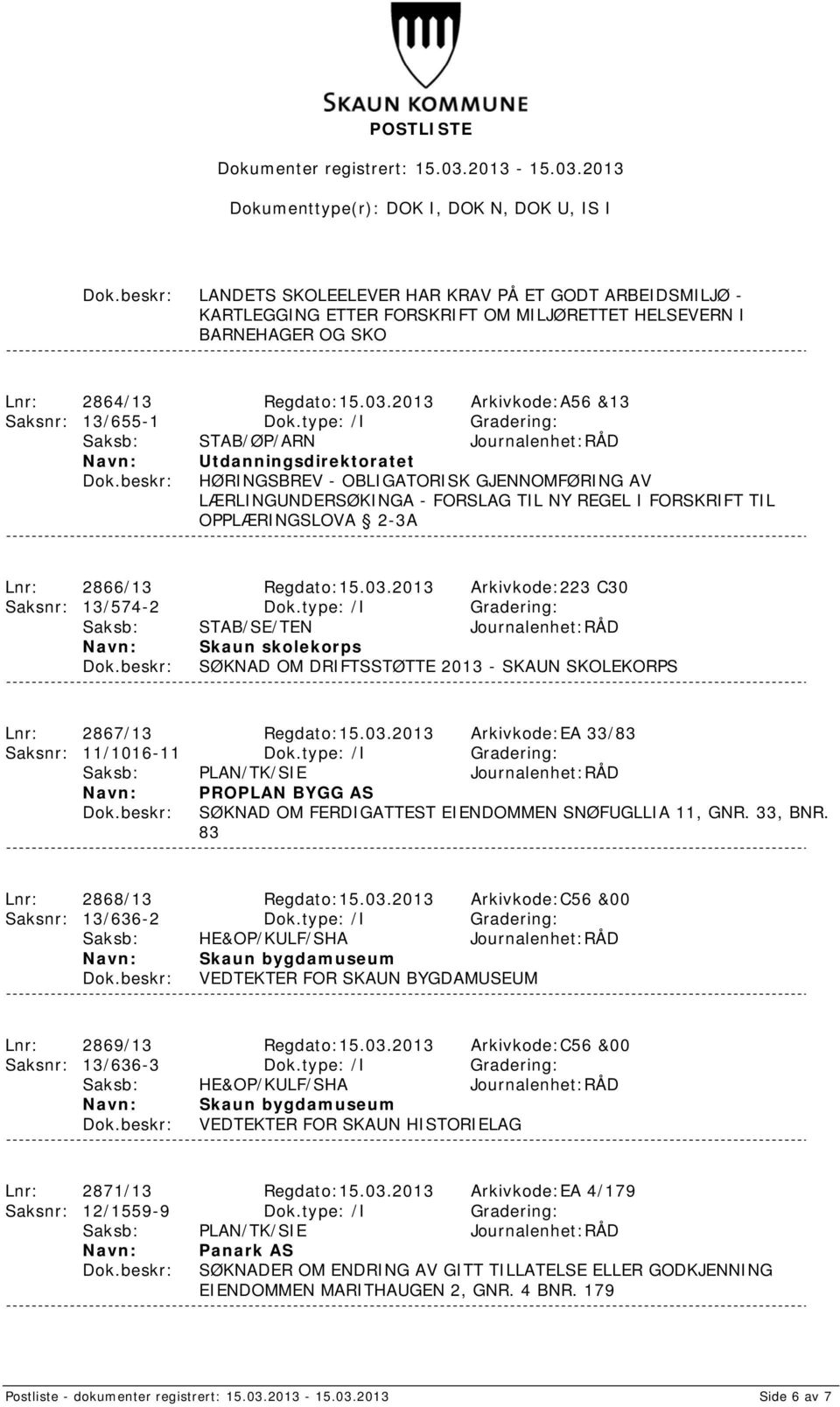 2013 Arkivkode:223 C30 Saksnr: 13/574-2 Dok.type: /I Gradering: Saksb: STAB/SE/TEN Journalenhet:RÅD Skaun skolekorps SØKNAD OM DRIFTSSTØTTE 2013 - SKAUN SKOLEKORPS Lnr: 2867/13 Regdato:15.03.