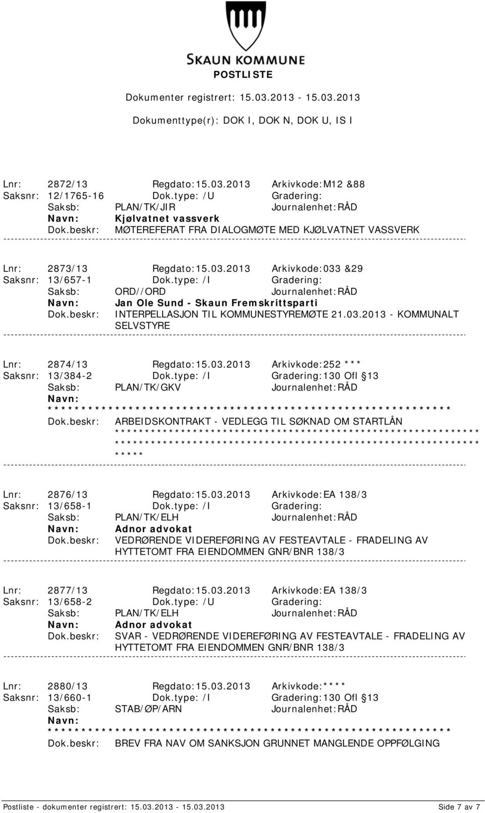 type: /I Gradering: Saksb: ORD//ORD Journalenhet:RÅD Jan Ole Sund - Skaun Fremskrittsparti INTERPELLASJON TIL KOMMUNESTYREMØTE 21.03.2013 - KOMMUNALT SELVSTYRE Lnr: 2874/13 Regdato:15.03.2013 Arkivkode:252 *** Saksnr: 13/384-2 Dok.