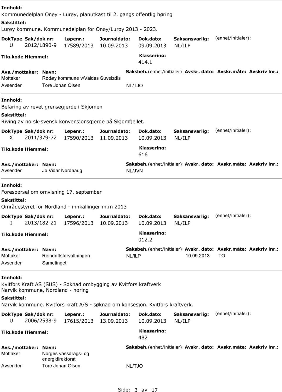 X 2011/379-72 17590/2013 616 Jo Vidar Nordhaug NL/JVN Forespørsel om omvisning 17. september Områdestyret for Nordland - innkallinger m.m 2013 2013/182-21 17596/2013 012.